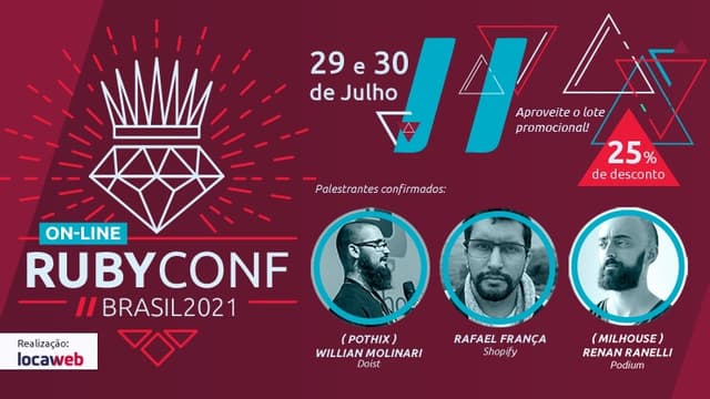 Ilustração do post RubyConf Brasil 2021 (online) com desconto de 25%